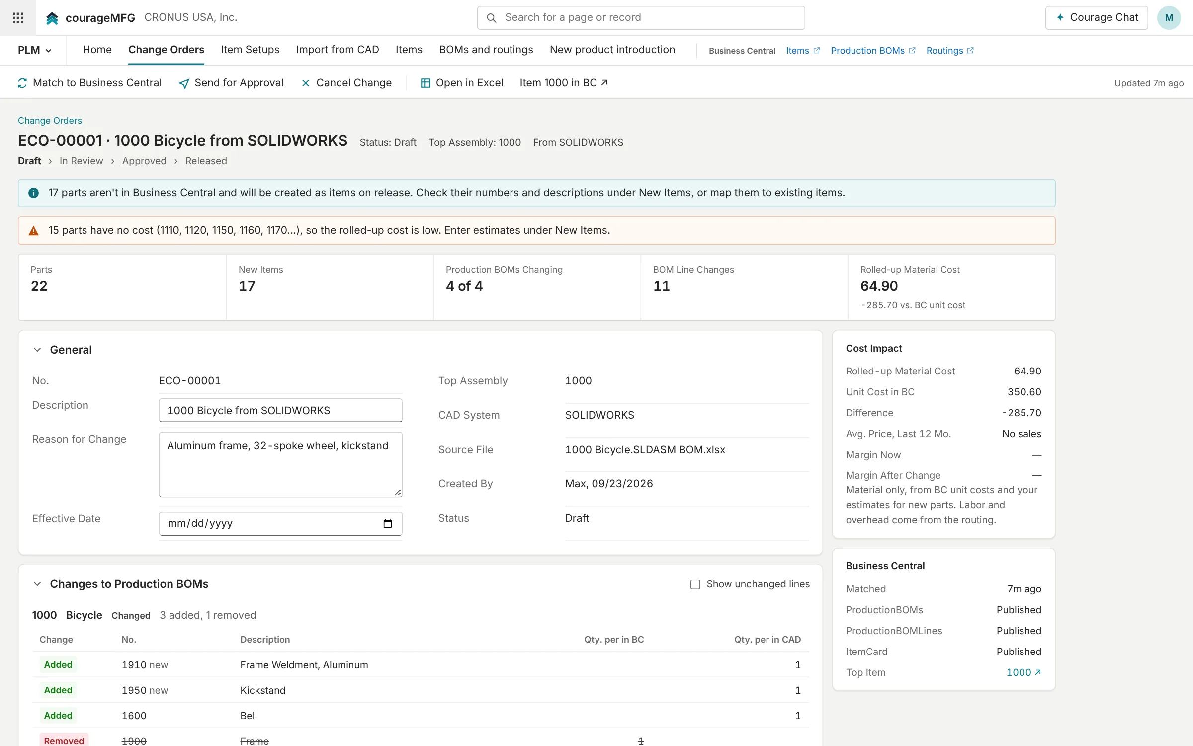 An engineering change order comparing a CAD BOM with the Business Central production BOM