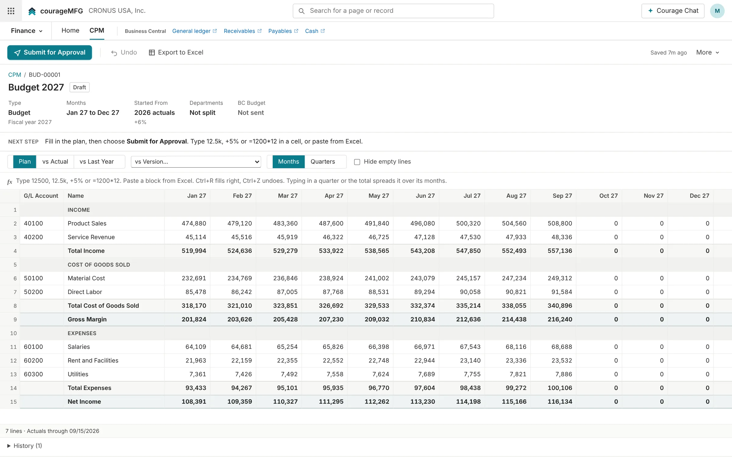 CPM budget by G/L account and month