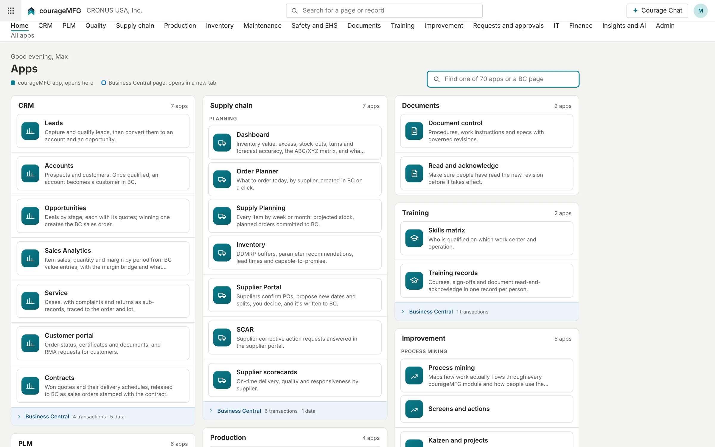The CourageMFG home screen: every department's applications in one place