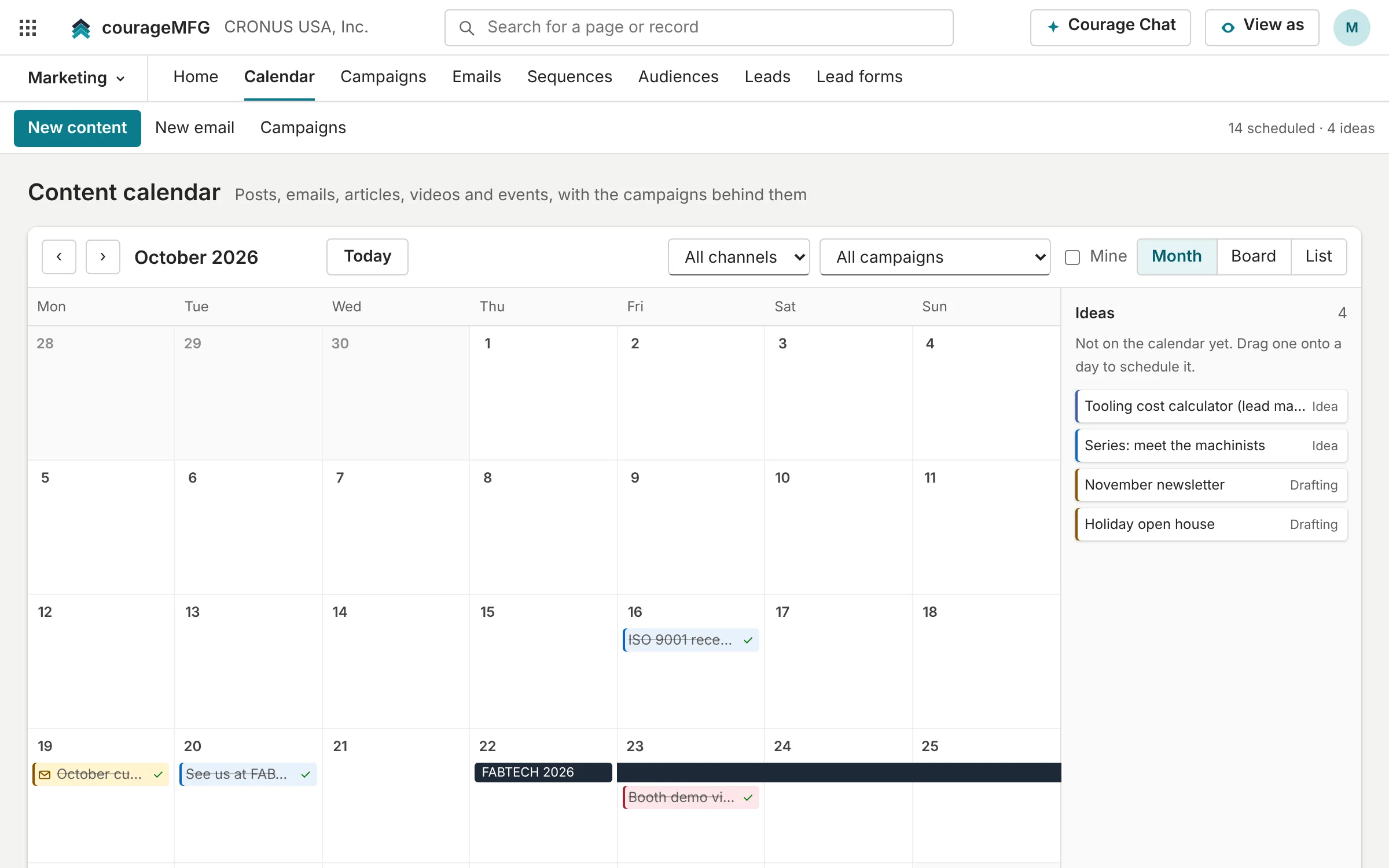 The content calendar for October with emails, posts and a trade show