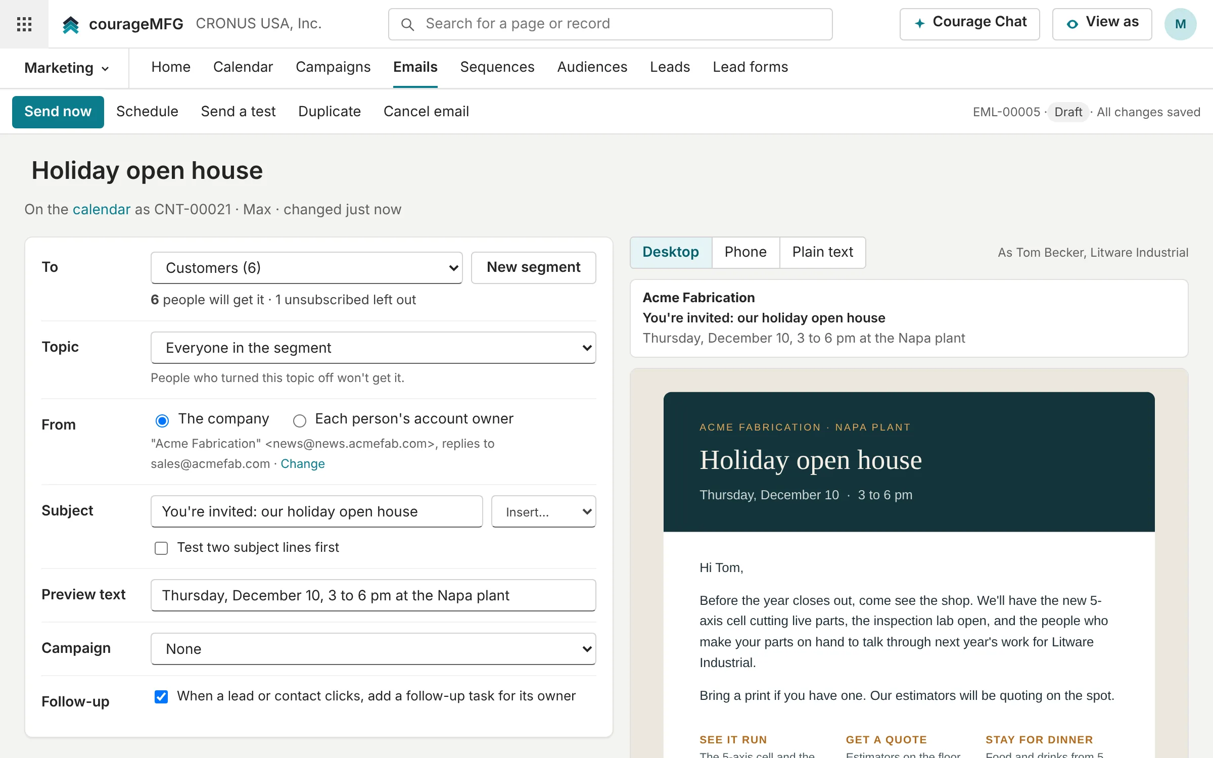An email designed in Claude and imported into CourageMFG, previewed as one of the customers who will get it