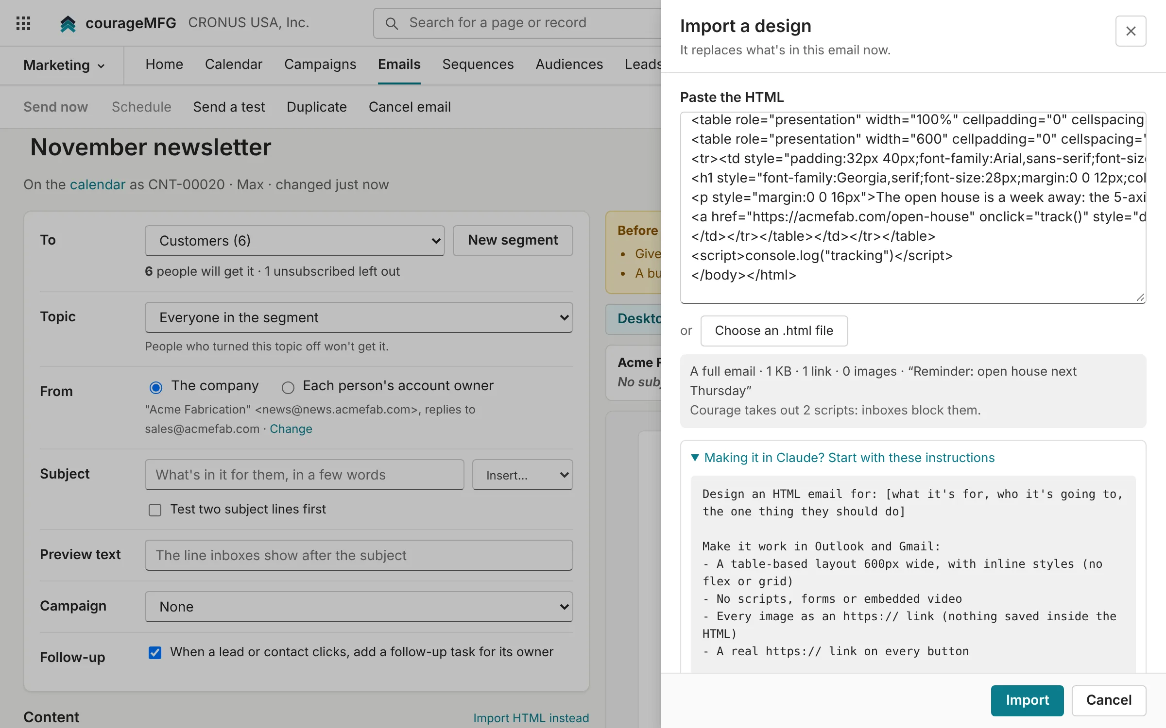 Importing an HTML email design, with instructions to copy into Claude