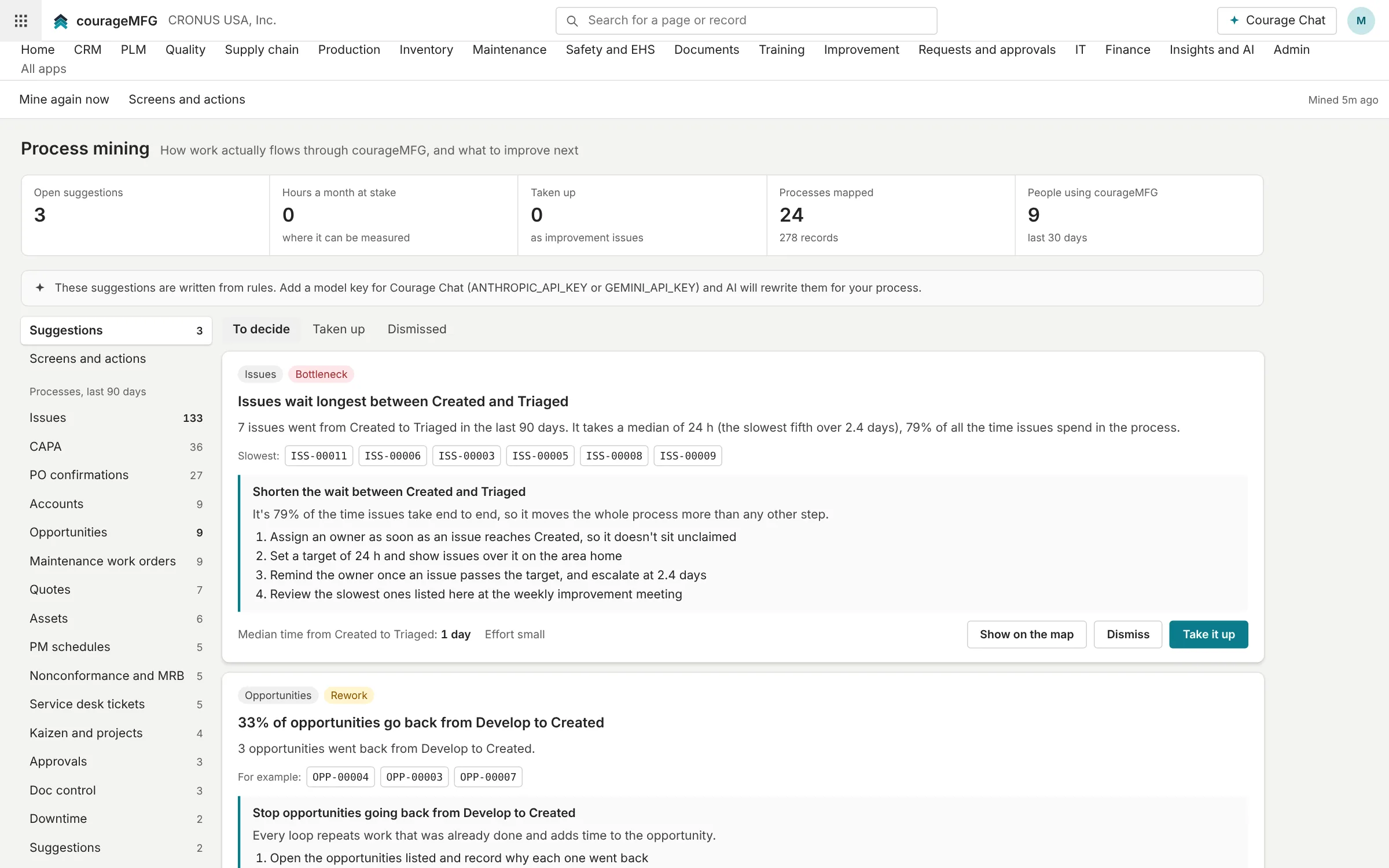 Process mining: a process map with where the time goes and AI-written suggestions