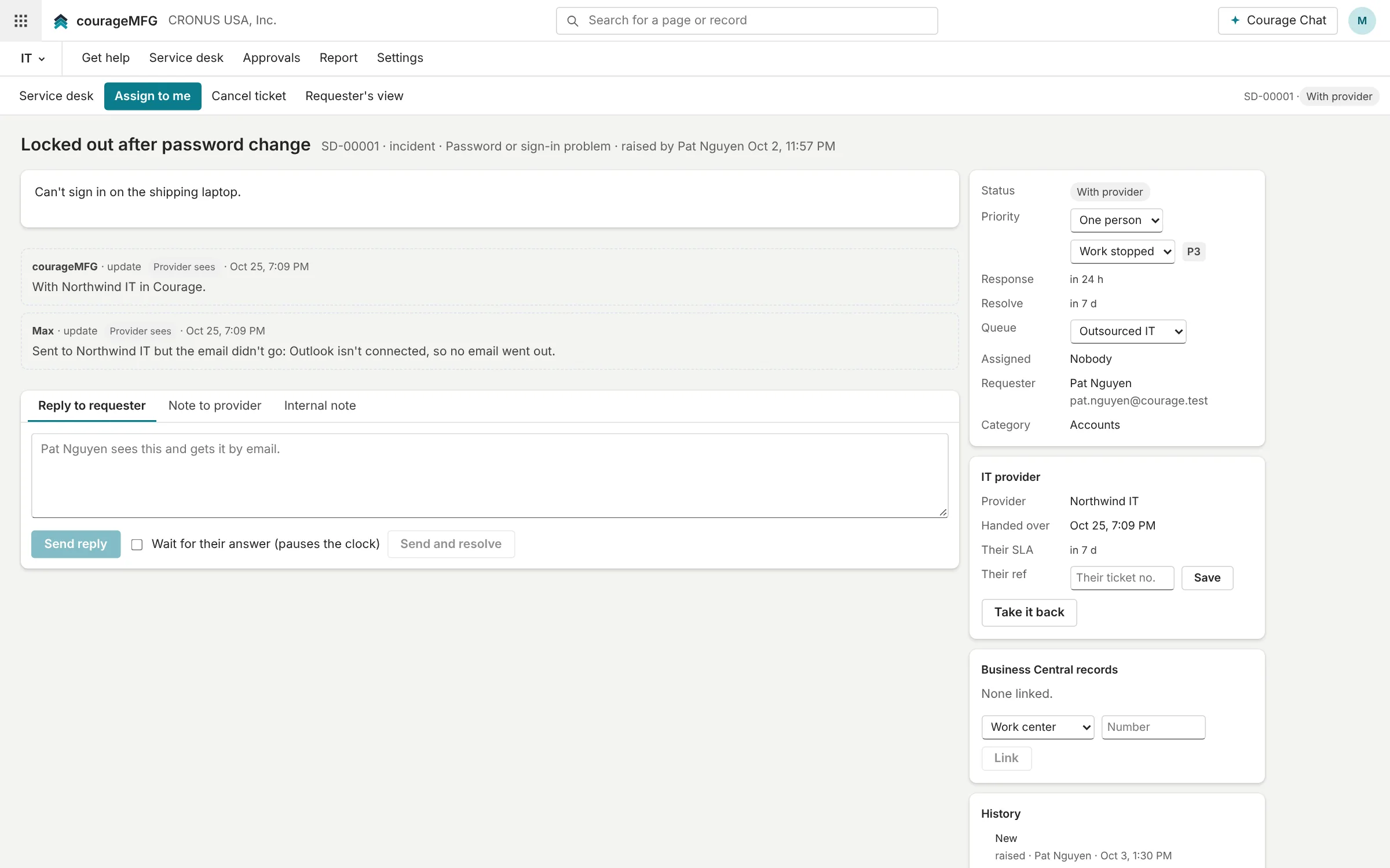 A service desk ticket with SLA, conversation and handoff